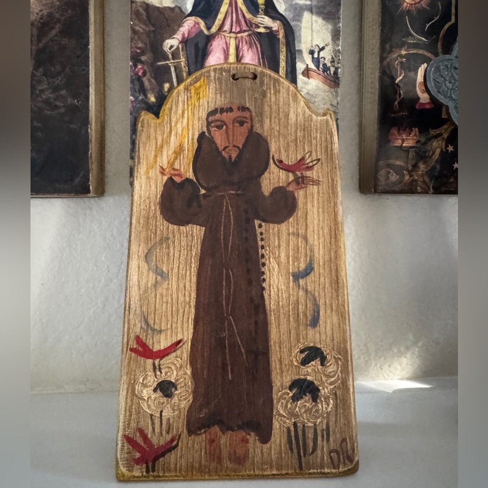 David Ross 1987 Retablo‎ St. Francis Folk Art Painting on Wood Santa Fe NM